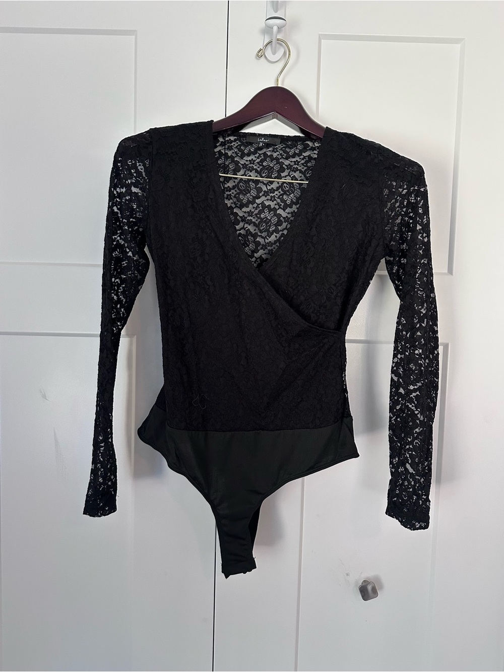 Lulu’s AdorableBlack Lace Long-Sleeve Wrap Bodysuit